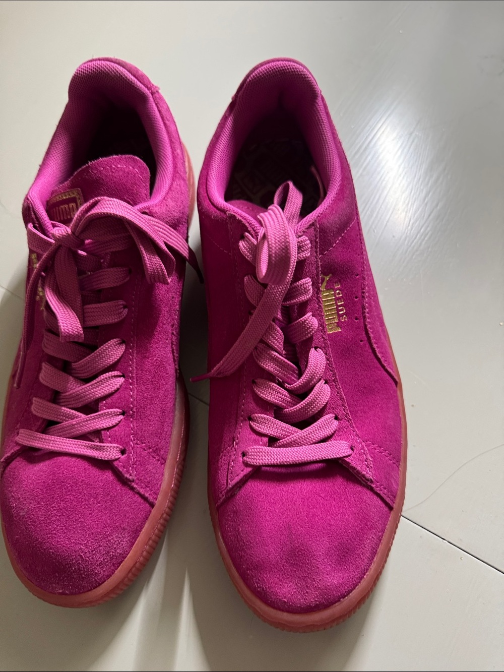 Puma Women's Suede Sneakers in Hot Pink with Gold Logo